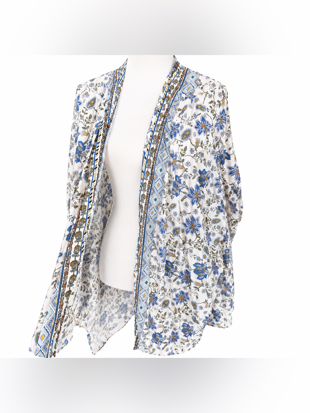 Anthropology Feathers By Tolani White Floral Blue Kimono Cardigan